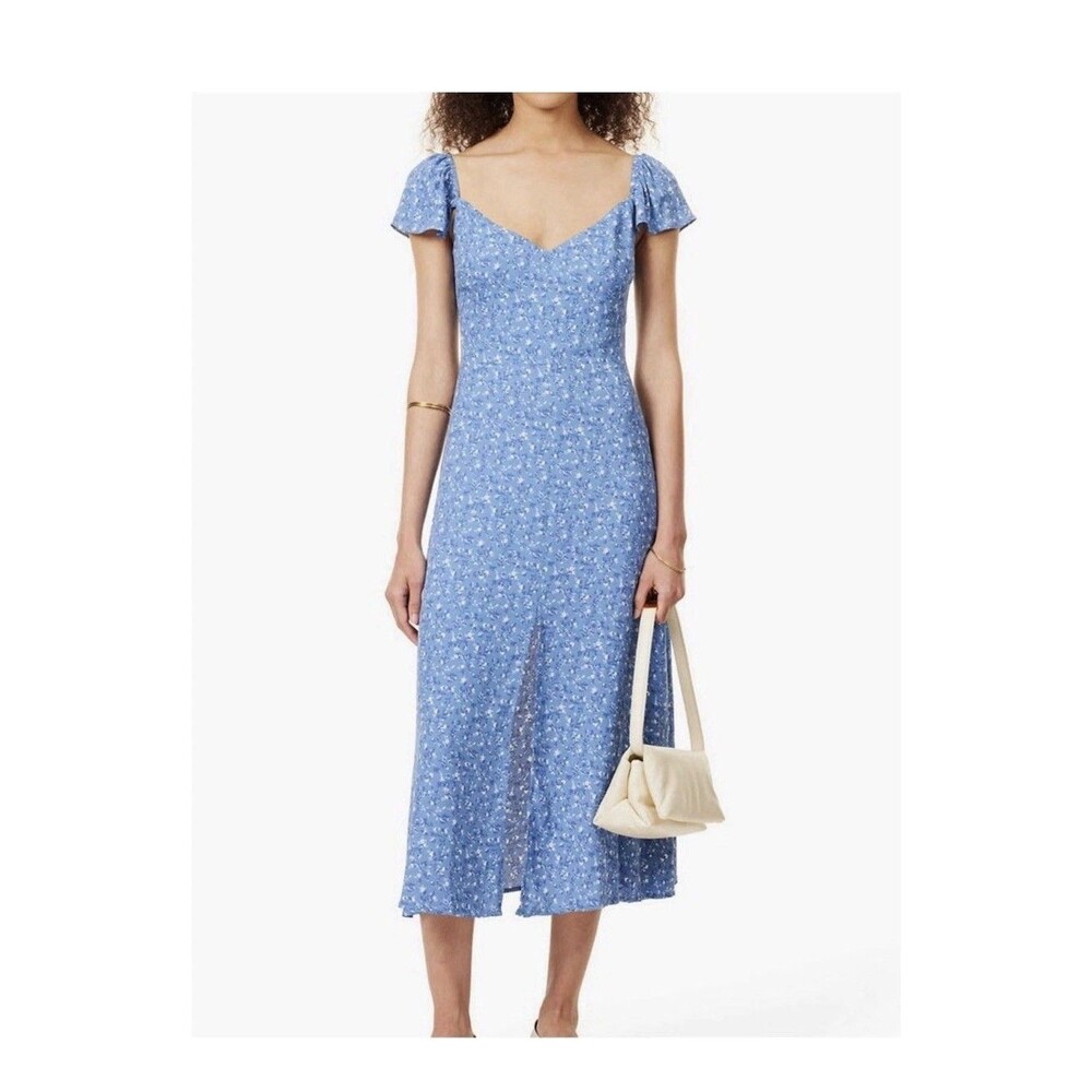 Reformation Size 2 Baxley Blue Floral Midi Dress Slit Ruffles
